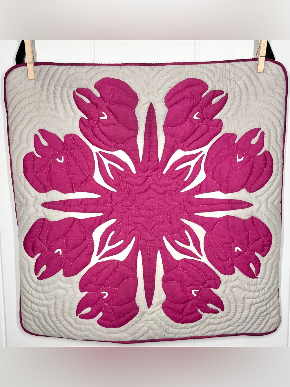Hawaiian Quilted Pillow Case Burgundy Gray 19” x 19”